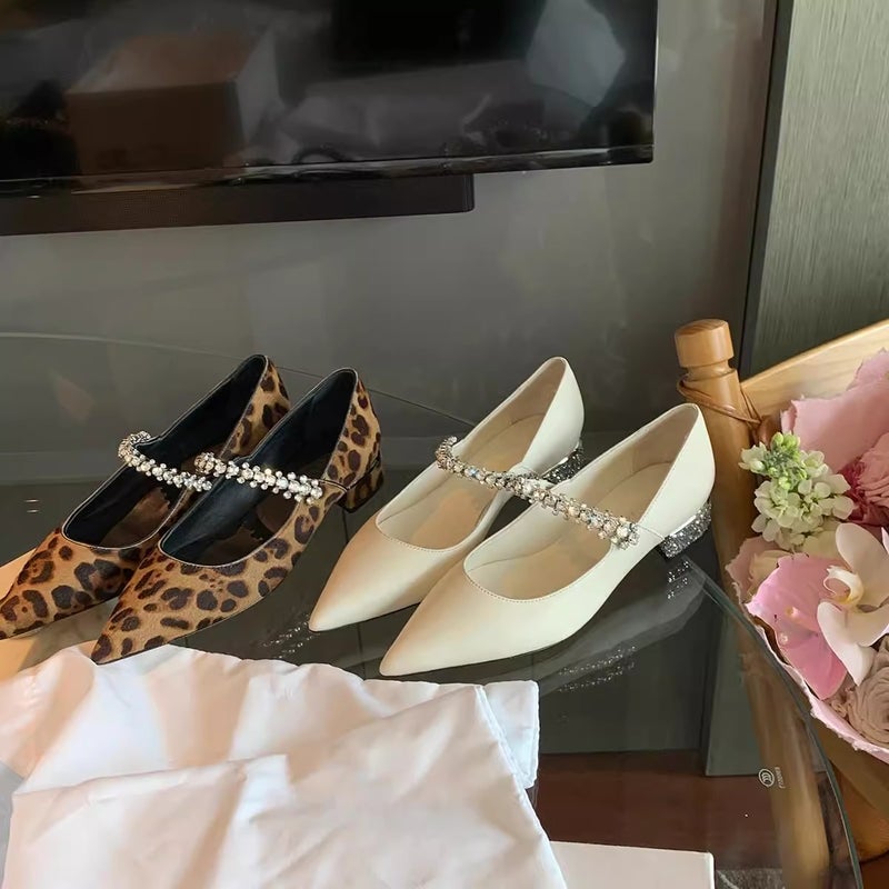Grape Mom Pointed Toe Sparkling Diamond Strap Shoes – Leopard Print Thick Heel for Women - Image 2